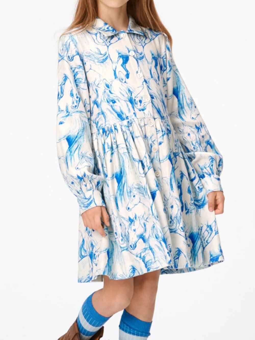Molo Christy Blue Horses Off-White Girls Midi Dress 9-10Y Collar Cuffs Whimsical